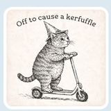 Off to Cause a Kerfuffle Cat Vinyl Sticker  3" x 2.93