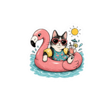 Summer Cat Flamingo Float Vinyl Sticker- 2" x 1.93"